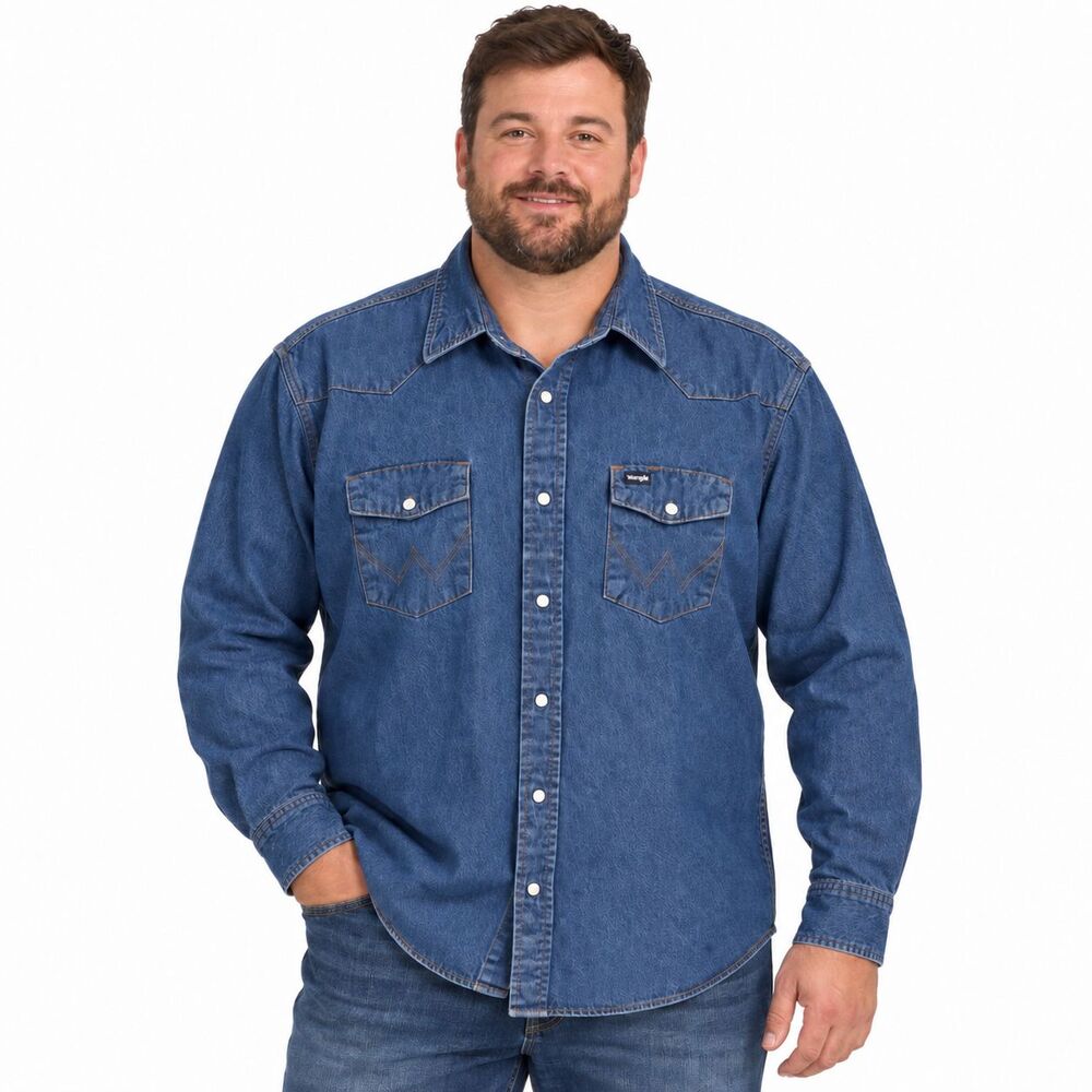 Wrangler Mens XXL Blue Denim Western Pearl Snap Shirt 100% Cotton